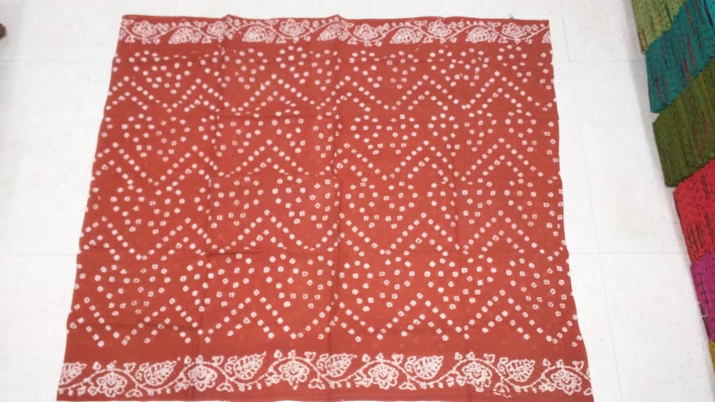 Orange Colour Hand-wax batik printed Sungudi cotton sarees