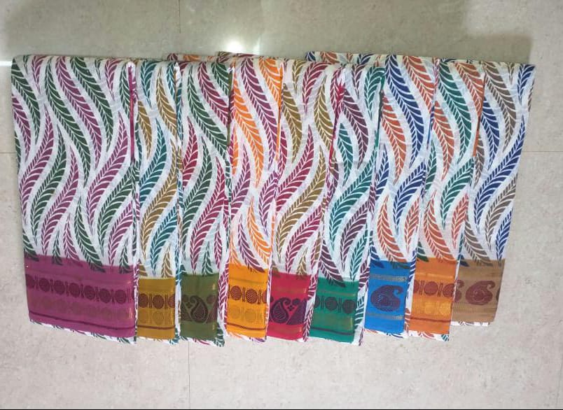 White based Sungudi cotton fancy print sarees with leaf design