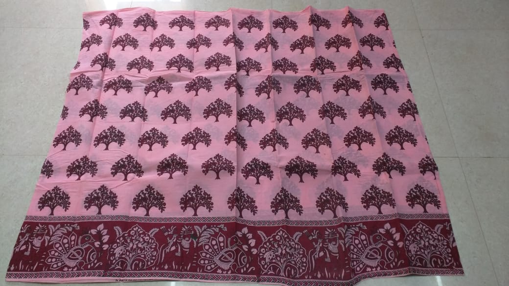 Chinnalapatti Hand-printed kalamkaari Tree design Sungudi cotton sarees ...