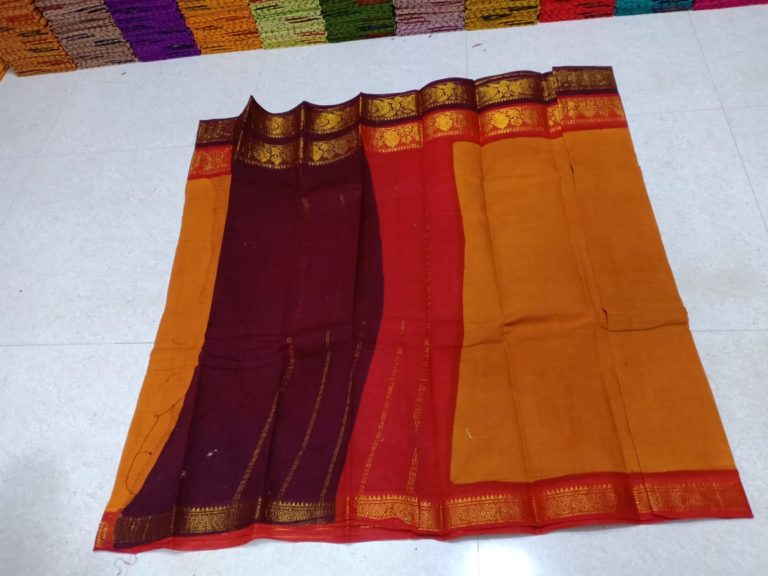 Wide border with double contrast colour border sungudi cotton sarees