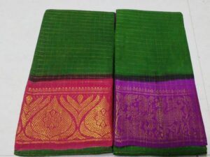 Zari checks with double side Zari border Sungudi cotton sarees, Green