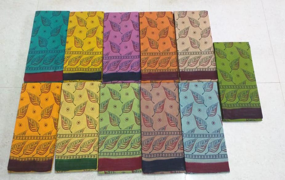 Hand-dyeing & hand-printed Sungudi cotton sarees, Leaf design - Native ...