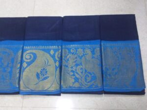 Wide border plain sungudi cotton sarees with zari border on both sides, Ink Blue