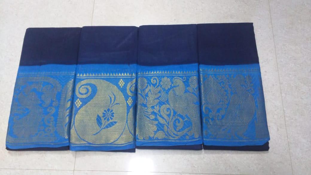 Wide border plain sungudi cotton sarees with zari border on both sides, Ink Blue