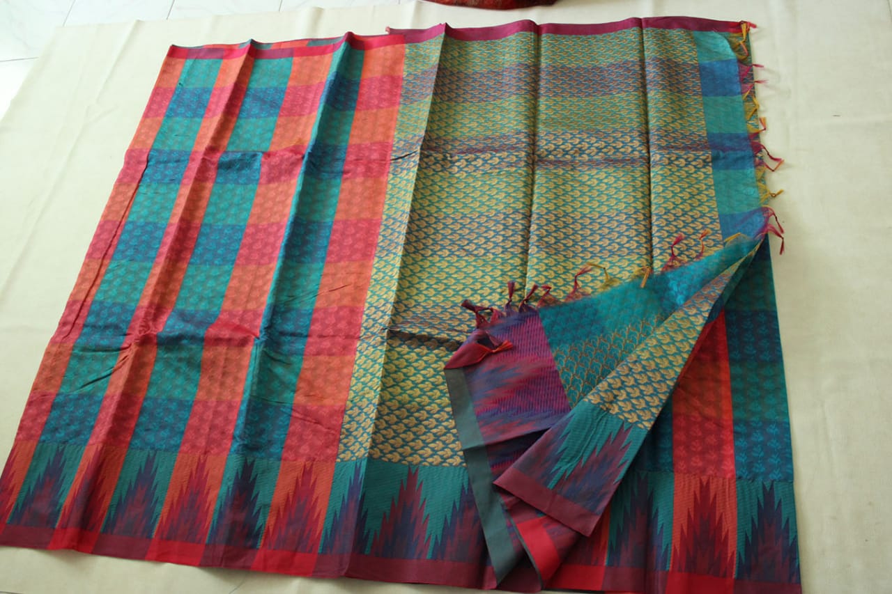Coimbatore Kora Cotton Saree With Blouse Piece (Multi-Coloured)