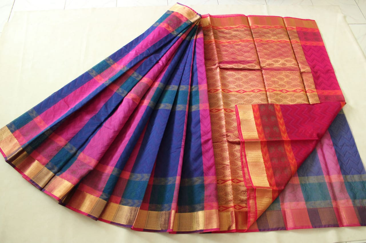 Coimbatore Kora Cotton Saree With Blouse Piece (Multi-Coloured)