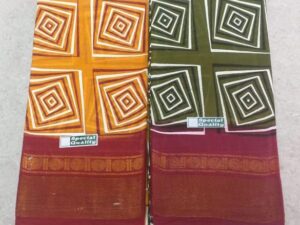 Double side tissue border gadi printed (maavu print) sungudi cotton sarees, Box Design