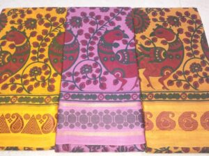 Double side zari thread hand-screen print Sungudi cotton sarees