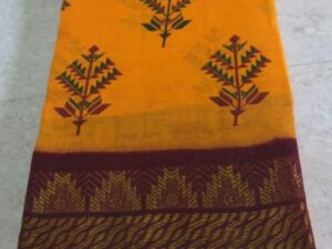 Double-side zari border hand-dyeing  hand- Printed Sungudi cotton sarees, Mustard brown