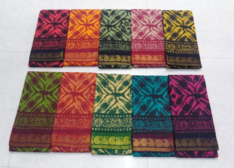 Double side zari border fancy hand-dyeing Hand-printed Sungudi cotton sarees