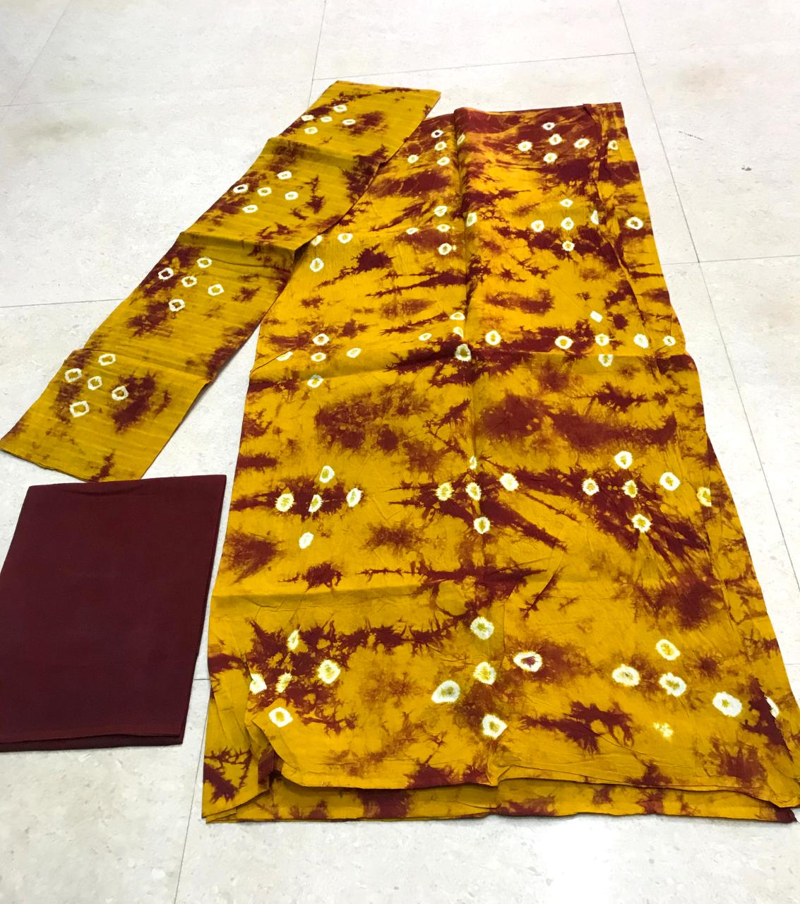 Sungudi cotton hand-bandhini print churidar material, Yellow with Brown