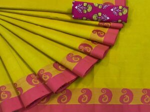 Jakkampatti pure cotton sarees, Yellow with Pink border