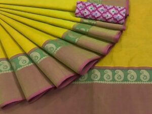 Jakkampatti pure cotton sarees, Sunshade Yellow with Pink border