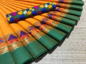 Jakkampatti 80 Count pure Chettinad Cotton Sarees, Orange with Green Border