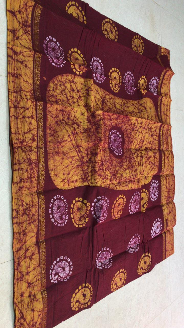 Hand - wax batik print sungudi sarees with zari borders, Brown - Native ...