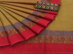 Jakkampatti pure cotton sarees, Yellowish brown with Red Border