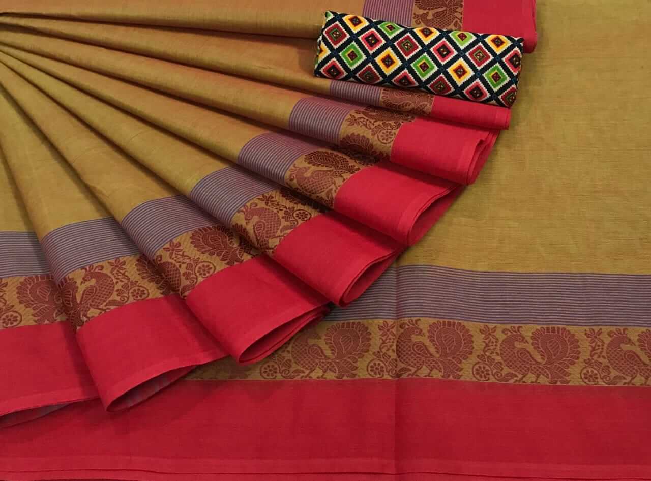Jakkampatti pure cotton sarees, Yellowish brown with Red Border