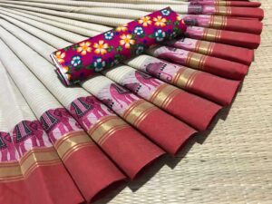 Jakkampatti 80 Count pure Chettinad Cotton Sarees, White with Red Border