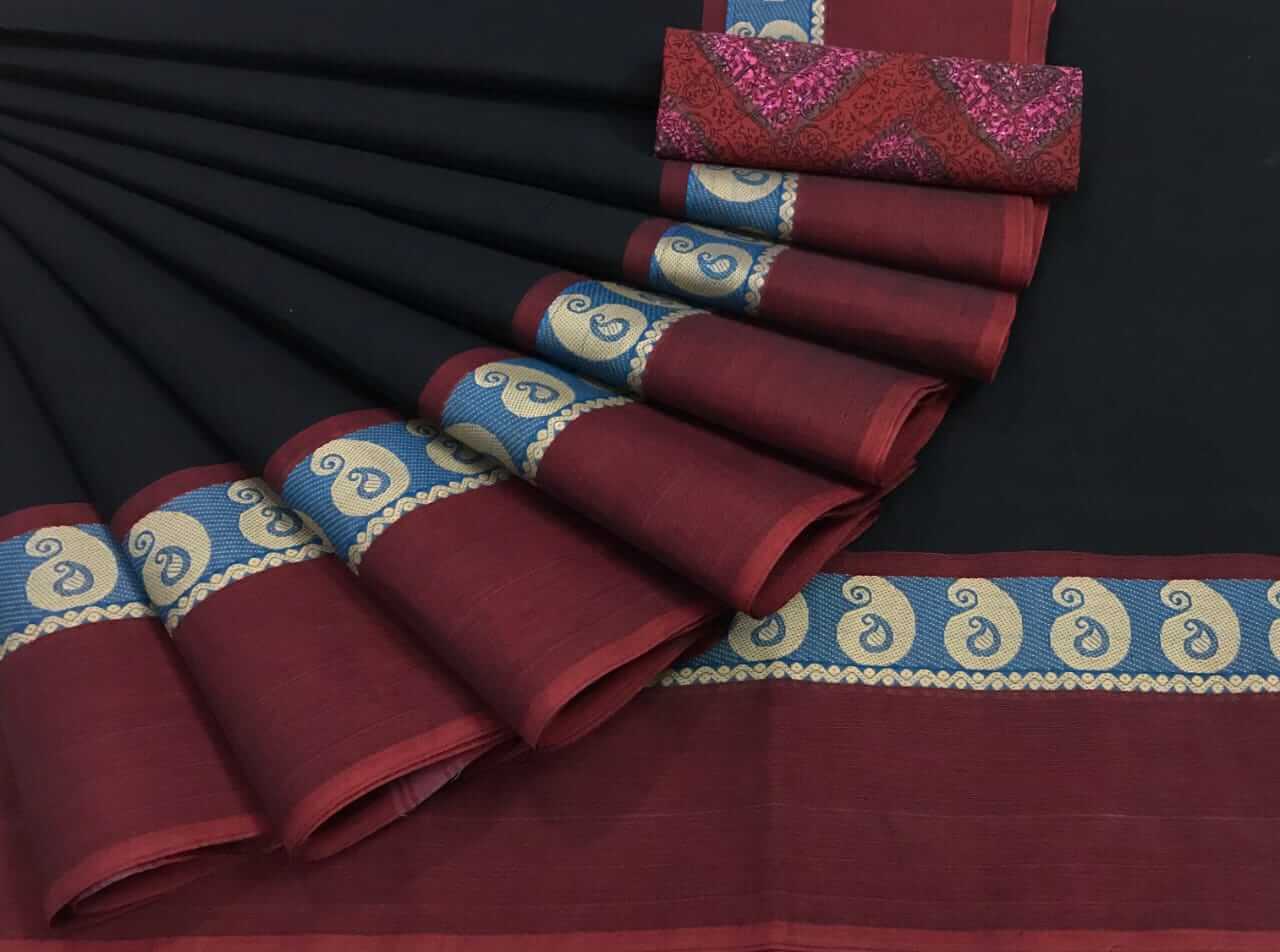 Jakkampatti pure cotton sarees, Black with Brown Border