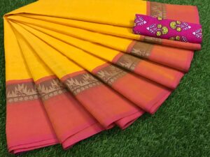 Jakkampatti pure cotton sarees, Yellow with pink border